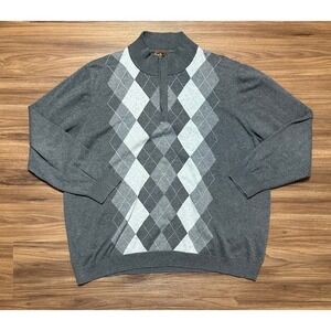 Oak Hill Mens Argyle 1/4 Quarter Zip Sweater Pullover Gray Cotton Sz 1XL